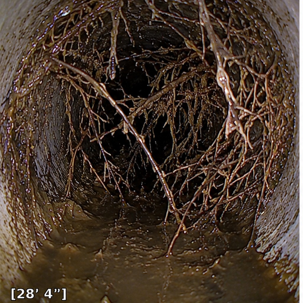 Before hydro jetting: sewer camera view of tree roots invading a sewer line in Oro Valley, AZ at 28 feet 4 inches.